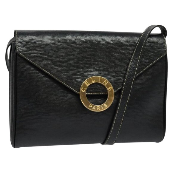 CELINE Circle Hand Bag Leather Black Gold Auth 120926 - Picture 1 of 16